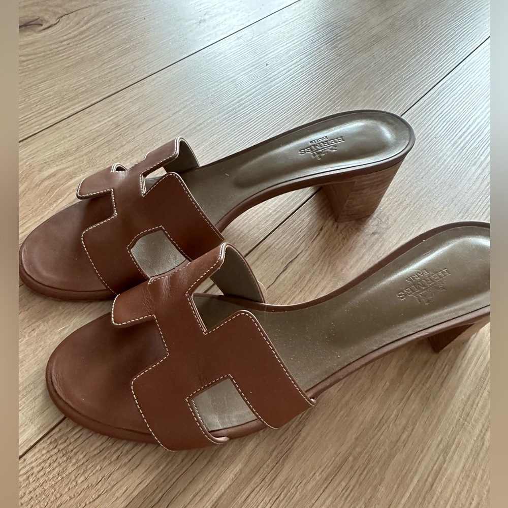 Hermes Tan Leather Heeled Sandals